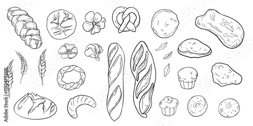 Assorted bread and baked goods hand drawn black and white vector illustrations isolated. Baguette, croissant, rye loaf, muffins, wheat ear, and challah line art painted for culinary, bakery packaging.