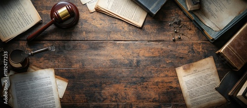 Antique Legal Documents and Gavel on Wooden Table: A Vintage Justice Scene