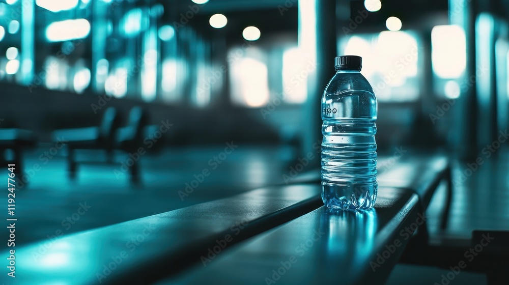 Hydration in the Gym Close-up of Water Bottle on Bench with Blurred Background. Hydration in the Gym Close-up of Water Bottle on Bench with Blurred Background.