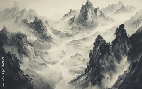 Monochromatic Mountain Range Landscape Painting with Mist and Textured Brush Strokes. photo