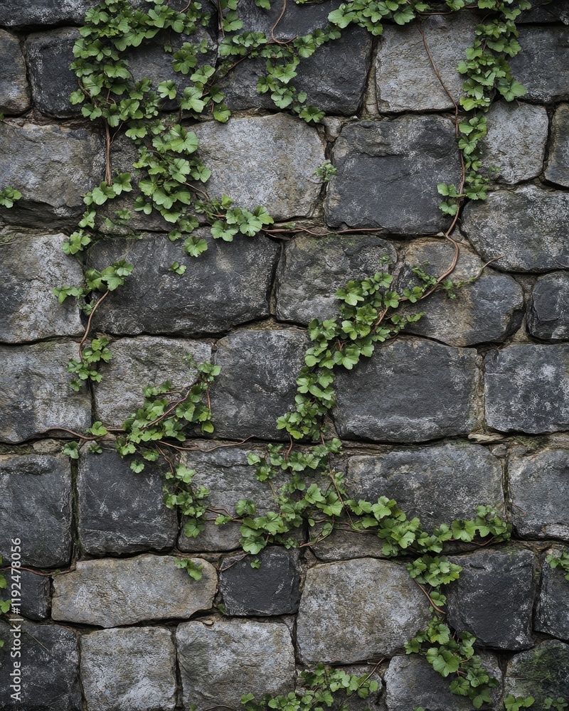 Stone Wall with Green Vine Creepers, Rustic Texture Background. Stone Wall with Green Vine Creepers, Rustic Texture Background.