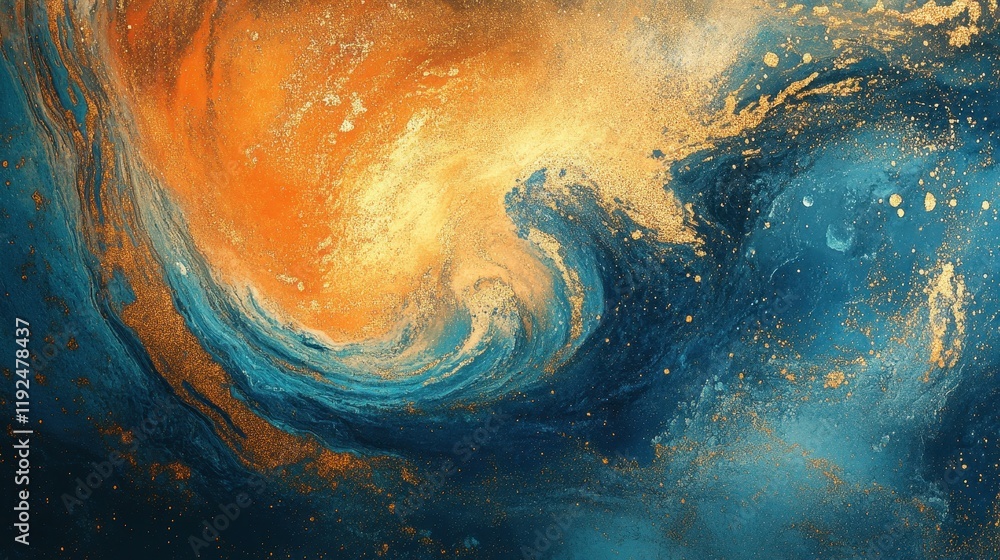 Fototapeta premium Abstract Swirling Gold, Teal, and Orange Fluid Art Background.