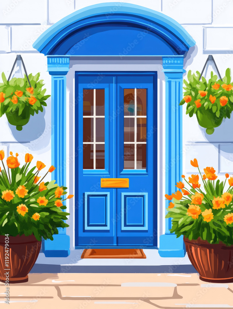 Stylized illustration of a blue door surrounded by flowers, perfect for real estate branding, home decor posters, and architectural concepts.. Stylized illustration of a blue door surrounded by flowers, perfect for real estate branding, home decor posters, and architectural concepts..