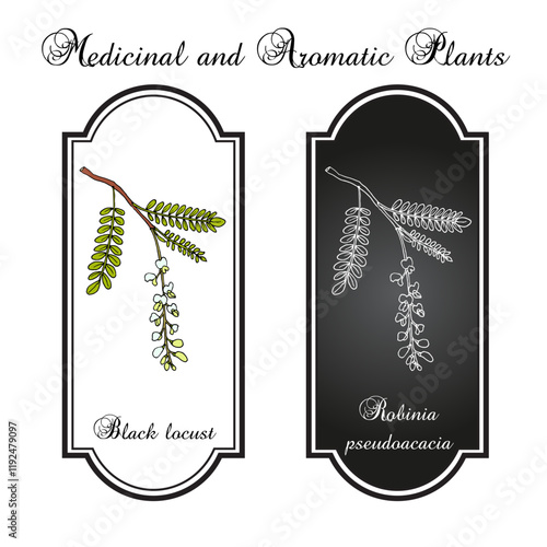 Black locust (Robinia pseudoacacia), ornamental and medicinal plant. Hand drawn botanical vector illustration