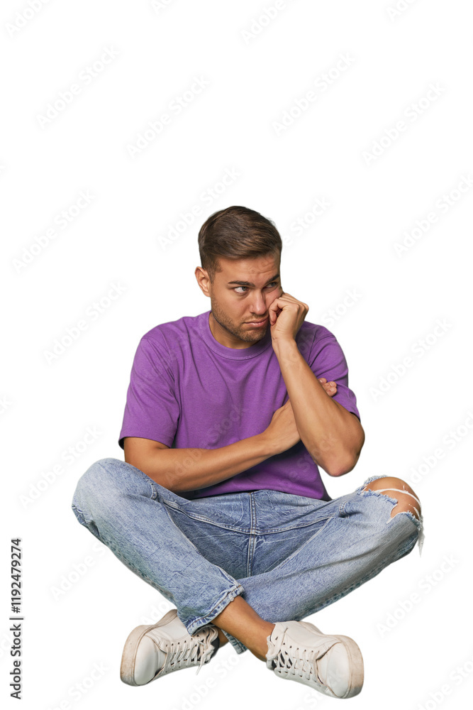 Casual man sitting on floor who feels sad and pensive, looking at copy space. Casual man sitting on floor who feels sad and pensive, looking at copy space.
