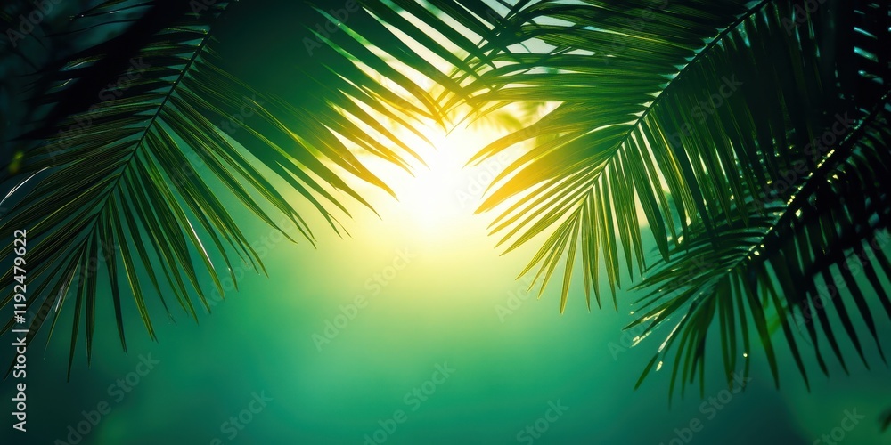 Fototapeta premium Tropical Palm Leaves Silhouette with Backlit Sun Burst on Lush Green Background.