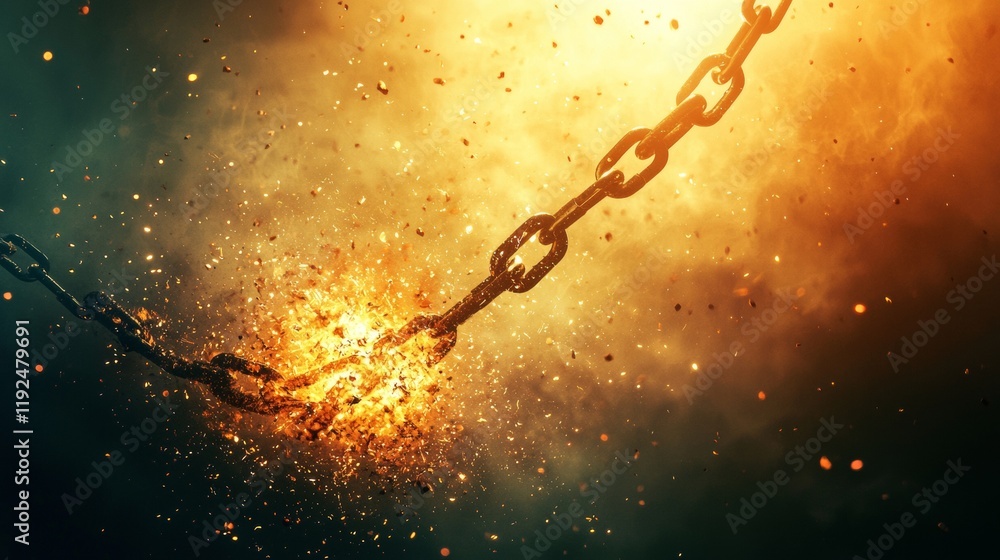 Obraz premium A metal chain link fence in a cosmic scene with stars, nebulae, and explosions against a dark sky, featuring elements of space, fire, and water in an abstract, grunge-style illustration