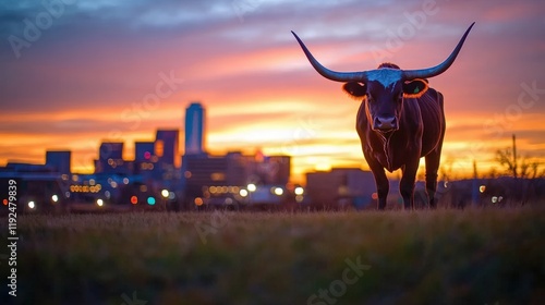 Texas Longhorn at Sunset with City Skyline