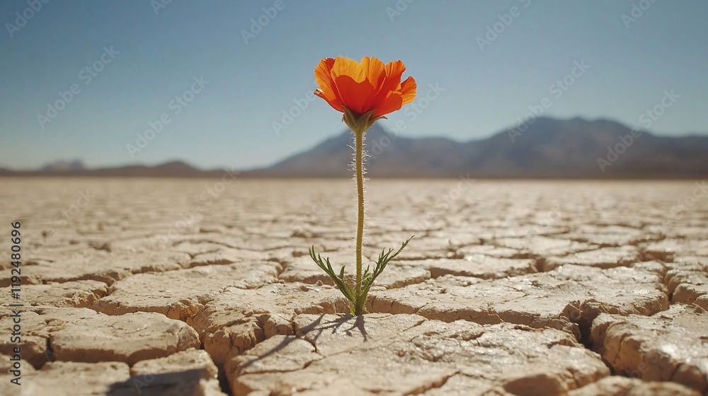 Single orange flower blooms in cracked desert soil. Single orange flower blooms in cracked desert soil.