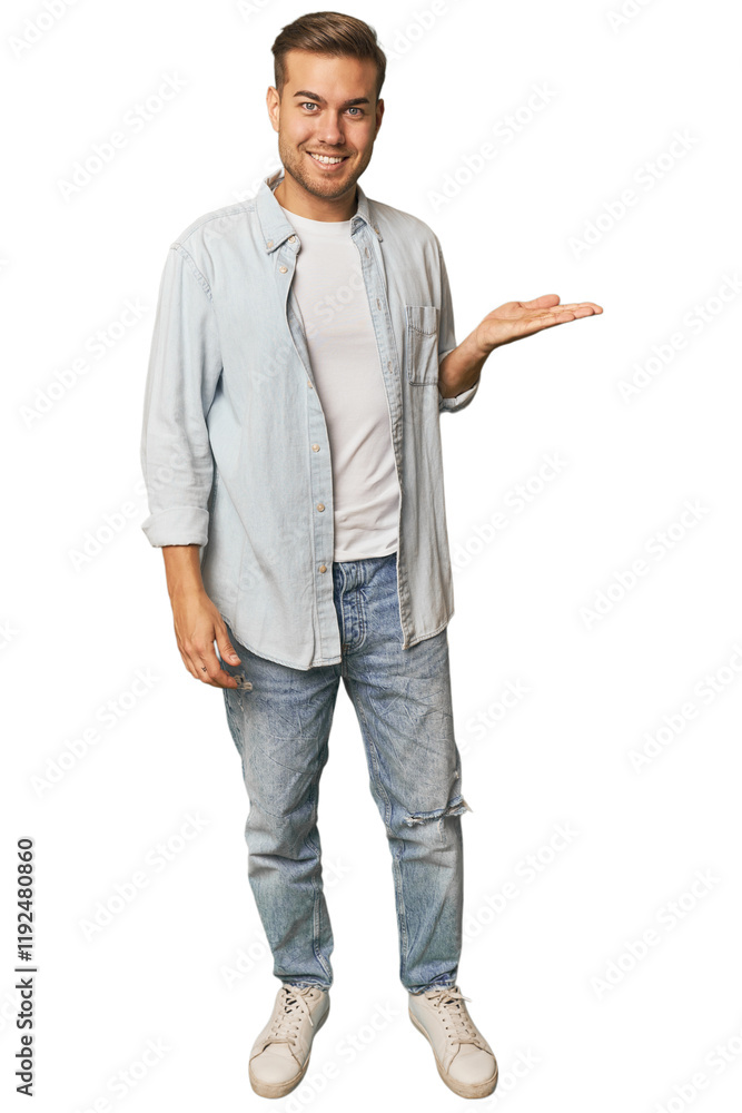 Full body portrait of a man in studio showing a copy space on a palm and holding another hand on waist. Full body portrait of a man in studio showing a copy space on a palm and holding another hand on waist.