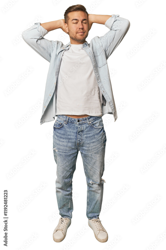 Full body portrait of a man in studio feeling confident, with hands behind the head. Full body portrait of a man in studio feeling confident, with hands behind the head.