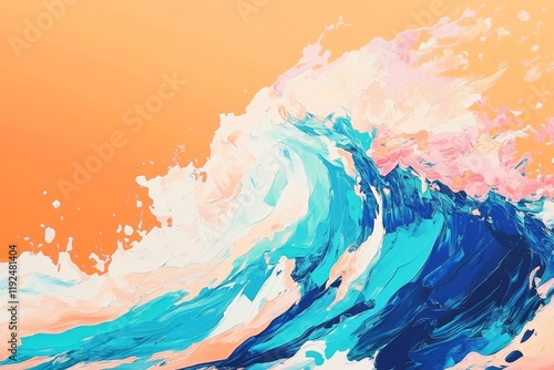 Ocean wave artwork with vibrant colors and abstract style, capturing the energy and beauty of the sea. Perfect for coastal decor or artistic themes. photo