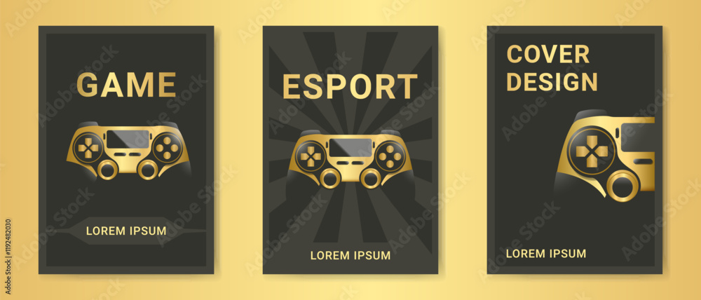 Naklejka premium Gaming background set. Cover template with gold game controller or gold joystick. Esport wallpaper design