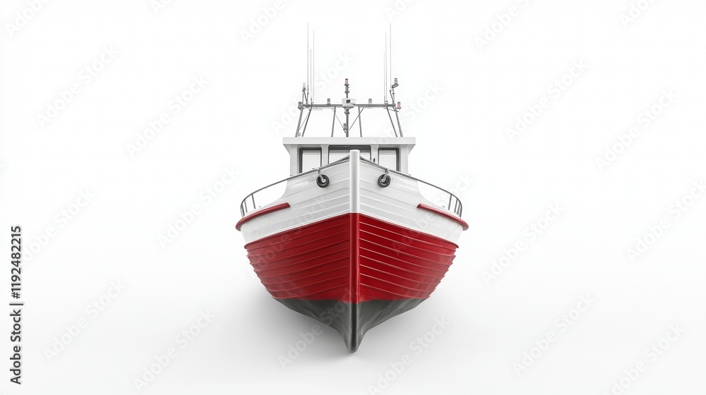 Fototapeta premium Red and white lighthouse in the port with boats and ships on the water, capturing the maritime and commercial atmosphere