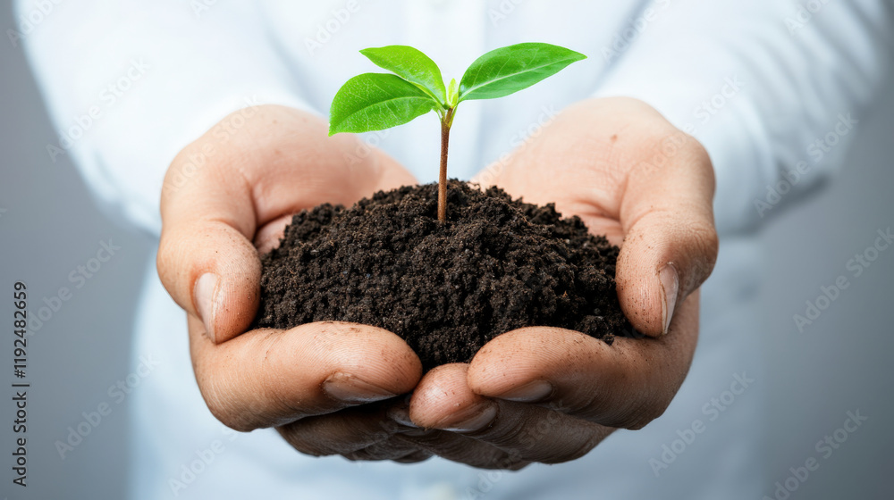 person holds small plant with green leaves in dark soil, symbolizing growth and environmental care. This conveys hope and sustainability person holds small plant with green leaves in dark soil, symbolizing growth and environmental care. This conveys hope and sustainability