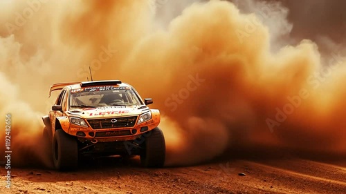 Rally car speeding through desert, kicking up a huge dust cloud.