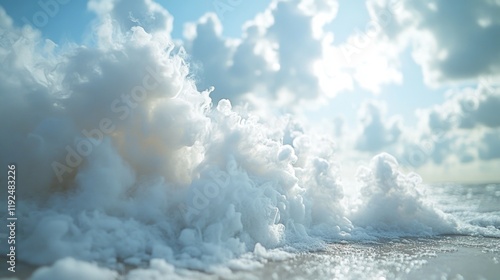 A surfer riding the crest of a large ocean wave, with spray and foam surrounding them photo