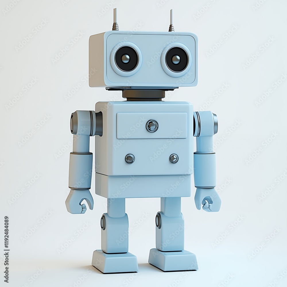 minimalist blue robot with square head and antennae standing in a bright indoor setting minimalist blue robot with square head and antennae standing in a bright indoor setting