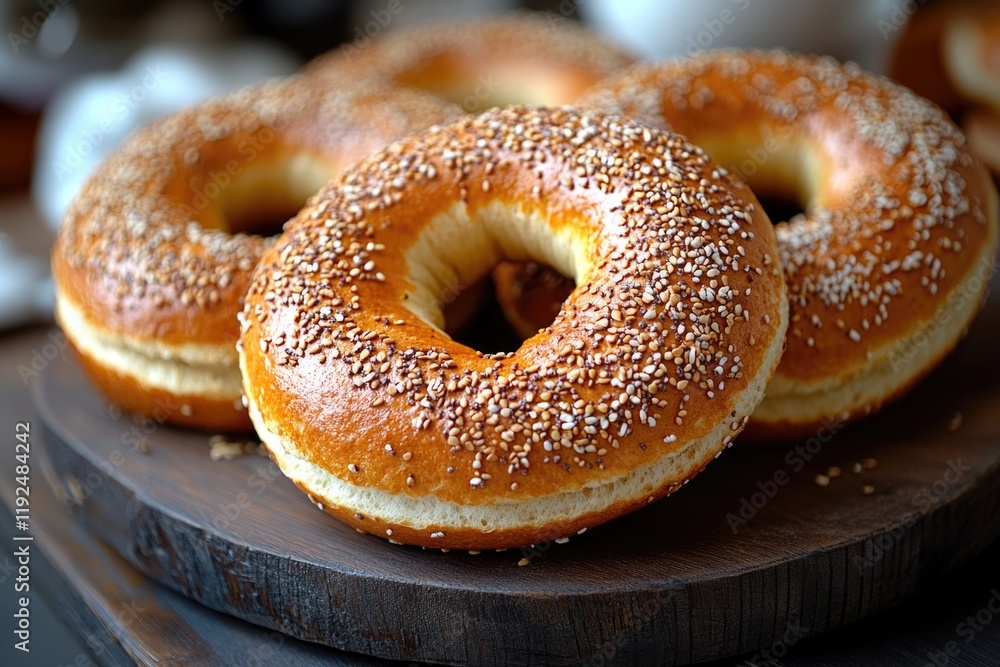 Freshly baked bagels arranged on a rustic wooden cutting board, perfect for breakfast or brunch Freshly baked bagels arranged on a rustic wooden cutting board, perfect for breakfast or brunch