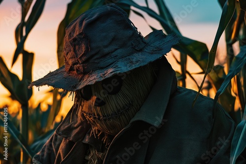 A vintage-style scarecrow stands tall in a lush green cornfield, ready to scare off any unwanted visitors photo