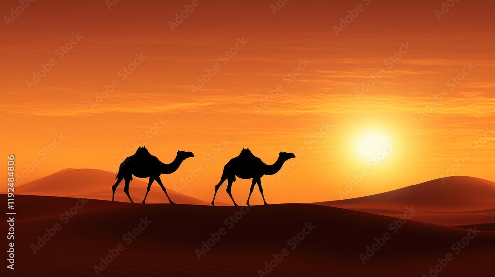Two camels walking in the desert during a vibrant sunset. Two camels walking in the desert during a vibrant sunset.