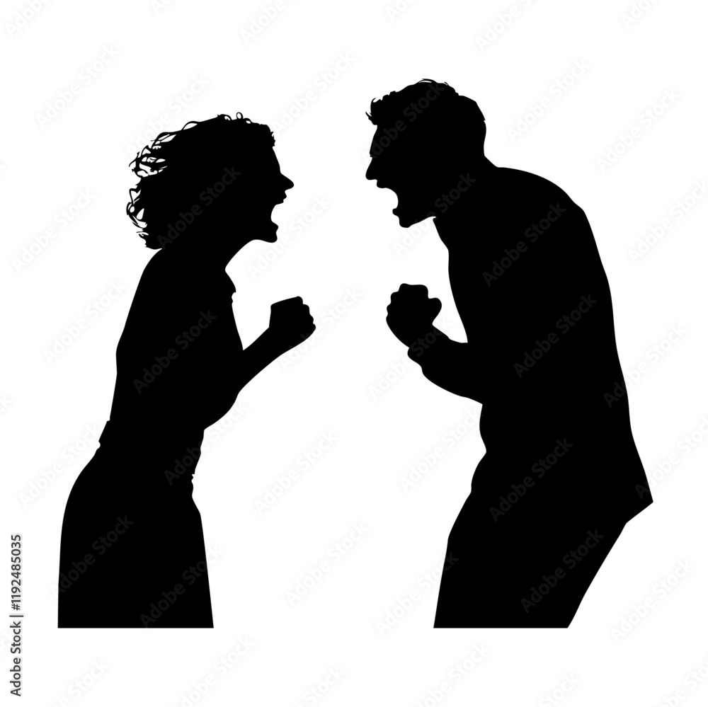 silhouette of a couple arguing, shouting, and angry silhouette of a couple arguing, shouting, and angry