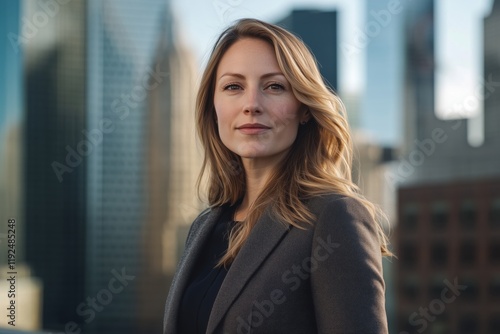 A confident young woman in a suit standing against a city skyline. Free Download A confident young woman in a suit standing against a city skyline. - GFXLoad