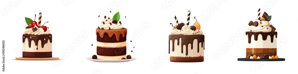 Flat style illustration of chocolate cake isolated on white background. Collection Set Png. Flat style illustration of chocolate cake isolated on white background. Collection Set Png.
