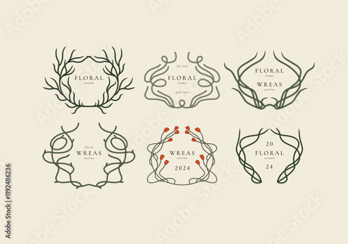 Vector set of line floral wreath. Decorative frame with minimalistic flowers branches. Botanical elements perfect for invitation wedding cards