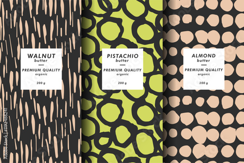 Vector set of templates contemporary abstract cover and patterns for chocolate and cocoa packaging with labels. Minimal modern backgrounds