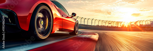 photo, sunset, A Red Sports Car Moving At High Speed On Racetrack. banner style