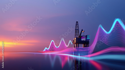 Futuristic oil rig silhouetted against colorful sunset