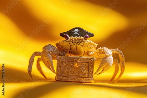 A crab wearing a pirate hat guards a treasure chest on a yellow background.  Humorous image perfect for websites, blogs, and social media. photo