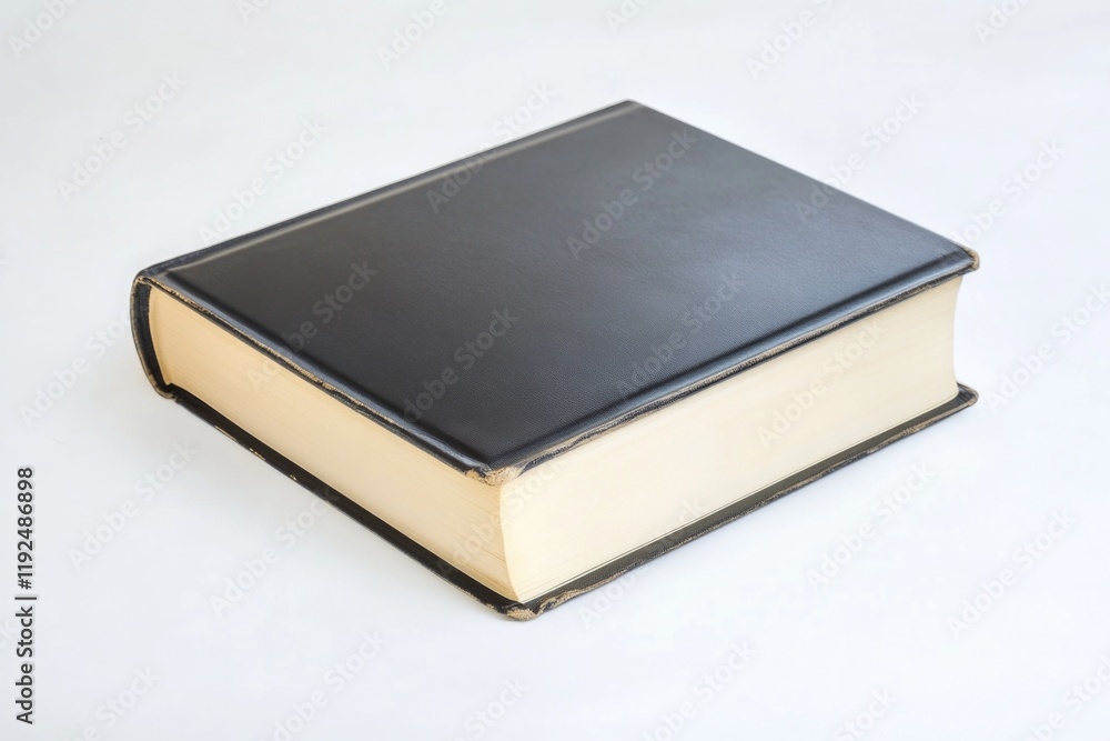 A black book sits on a white table, perfect for study or writing A black book sits on a white table, perfect for study or writing