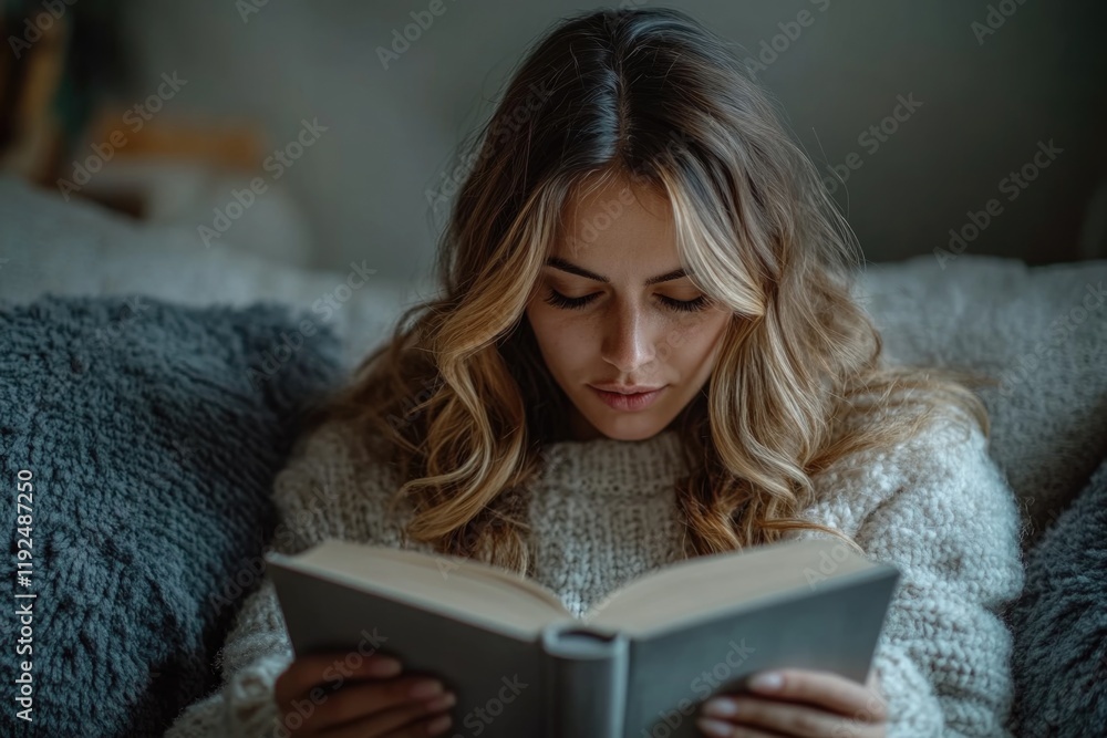 A woman is reading a book on a comfortable couch A woman is reading a book on a comfortable couch