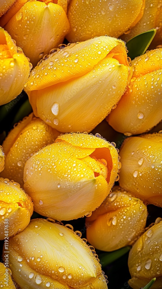 close-up of bouquet of yellow tulips with water droplets on the petals close-up of bouquet of yellow tulips with water droplets on the petals