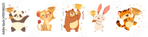 Cute animal winners, panda bunny crocodile tiger lion and bear rejoice and hold winner's cups, confetti. Set of flat vector illustrations in simple children's style on white background . Vector