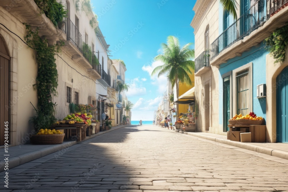 Fototapeta premium Vibrant street market scene coastal town digital art bright day eye-level view culture and lifestyle