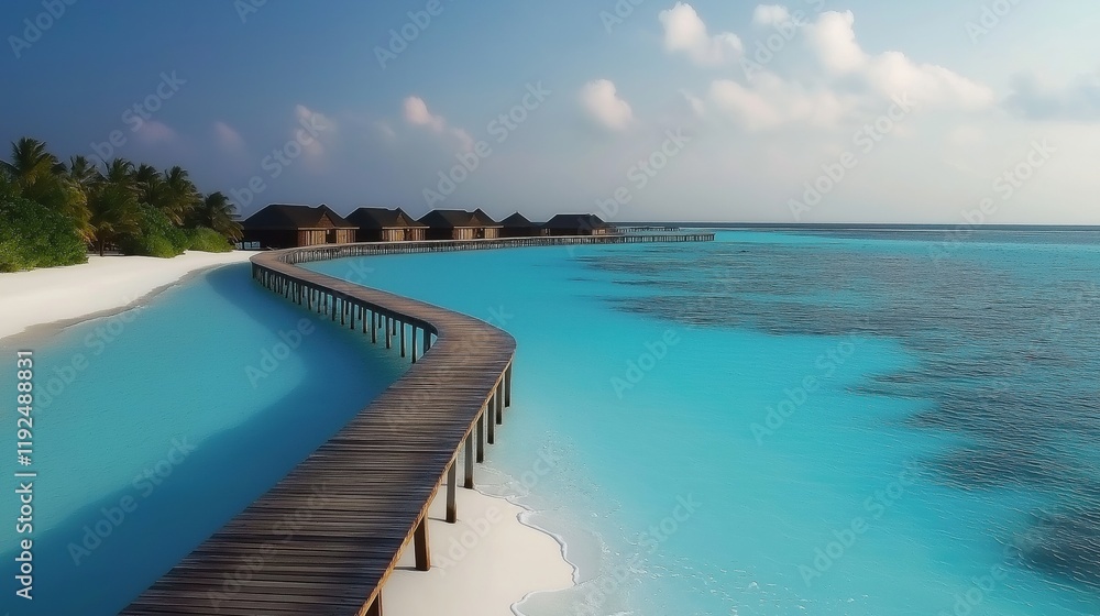 Long wooden bridge leads to the beach resort on island Long wooden bridge leads to the beach resort on island