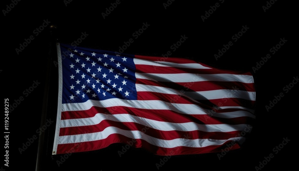 Obraz premium An American flag waving in the wind on a dark black background