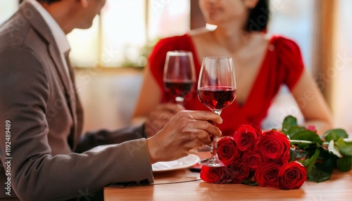 Couple with wine glasses and a bunch of flowers on table for Valentine's Day photo