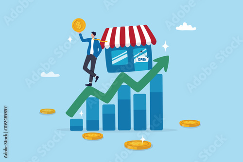 Success small business, entrepreneur growing retail store, marketing growth, business owner or sale and merchandise concept, businessman entrepreneur business owner on growing graph and chart.