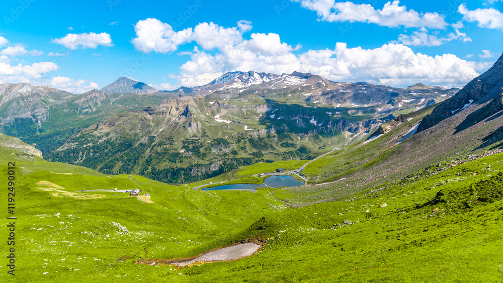 Naklejka premium Expansive landscapes with green meadows and majestic mountains showcase the natural beauty of the Grossglockner High Alpine Road in Austria under a clear blue sky.