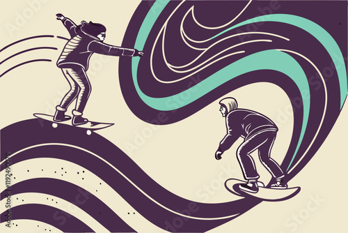 Silhouette of people engaging in various sports activities like skateboarding, skiing, and swinging on the beach and mountain