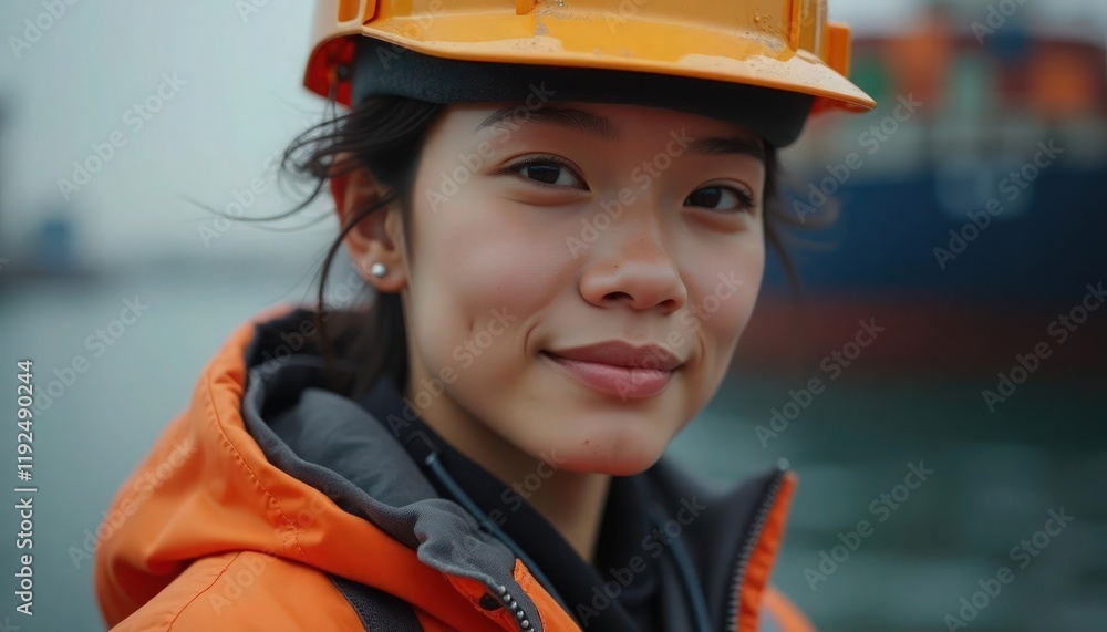 Young female Asian dock worker is looking at the camera and smiling