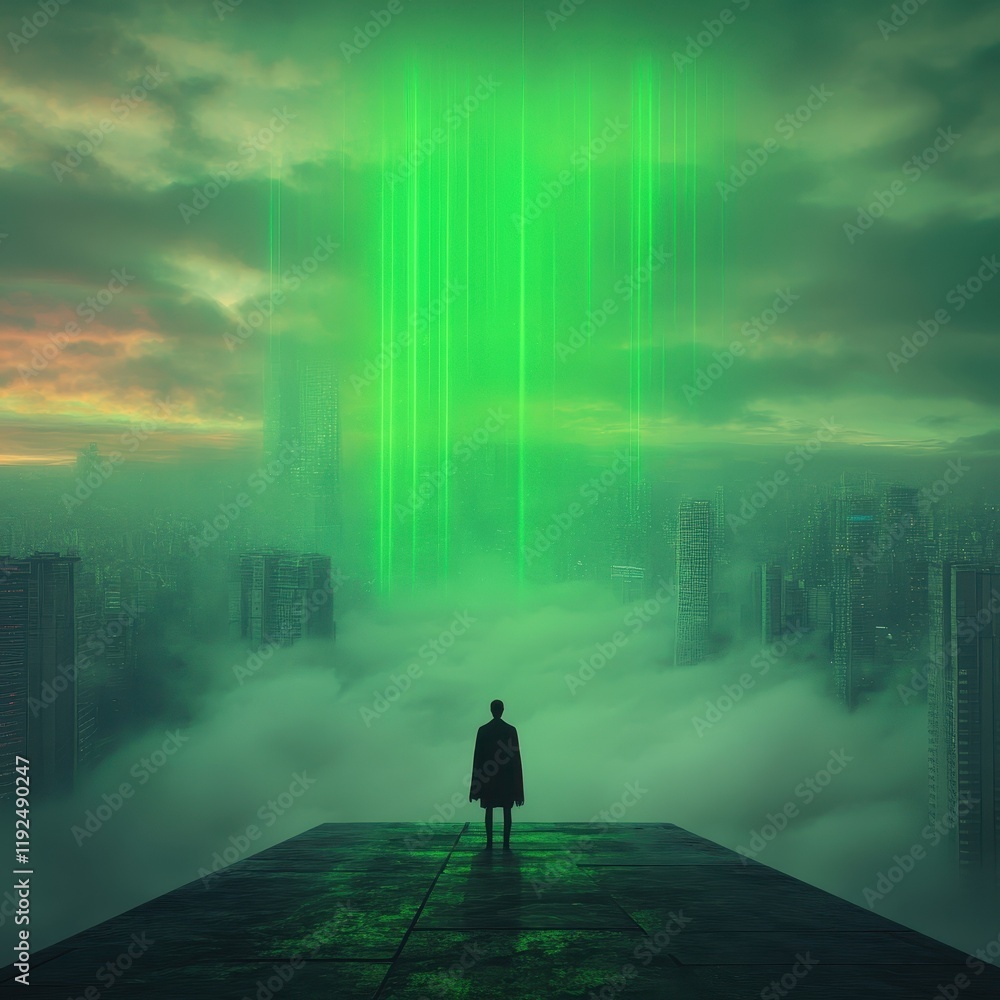 Obraz premium A mysterious figure standing amidst futuristic cityscape under green beams of light.