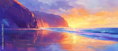 Sunset over serene beach landscape with waves gently lapping at the shore, reflecting colorful skies and cliffs, perfect for travel, relaxation, and nature themes. photo