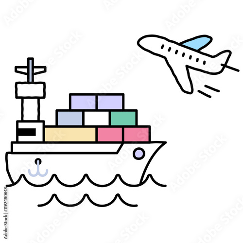 Goods being transported by boxship and airplane