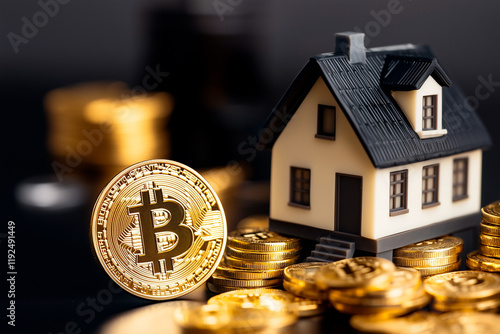 Bitcoin Cryptocurrency, Miniature House Model, and Gold Coins