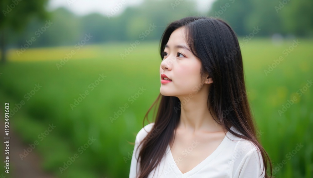 A young Asian woman is looking into the distance at a park outdoors with bokeh background A young Asian woman is looking into the distance at a park outdoors with bokeh background